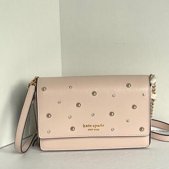 Kate Spade Purl Pearl Flap Shoulder Bag Beige Clutch Chain Wallet Crystals - Picture 3 of 14
